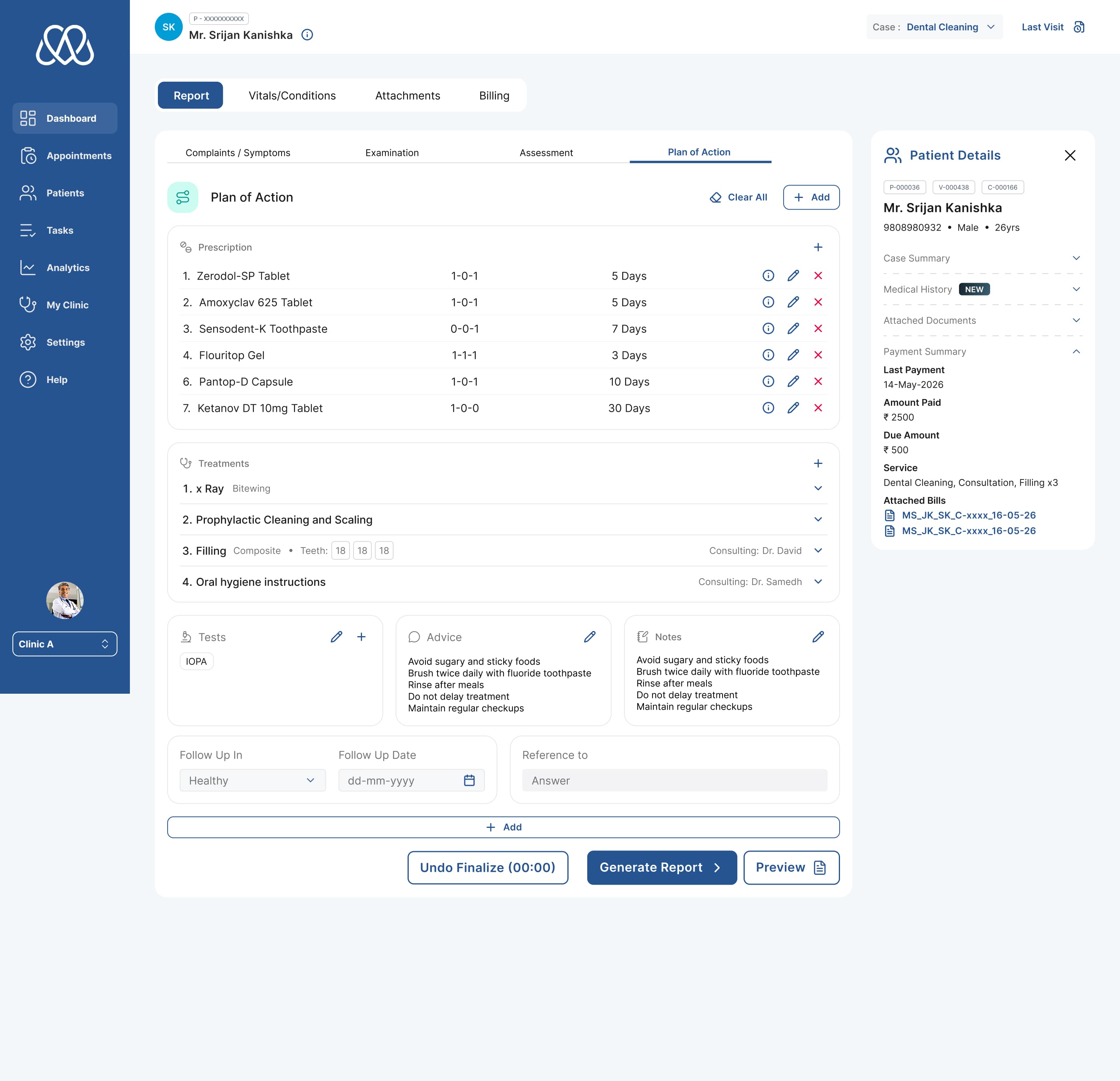 MedSnap clinic dashboard — plan of action and digital prescriptions