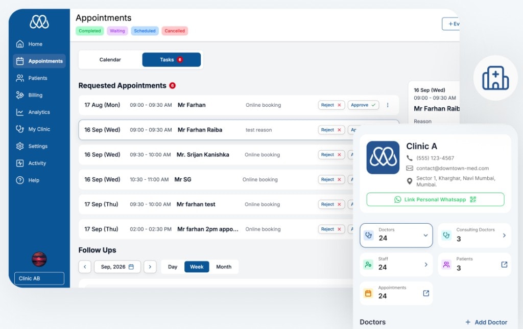 MedSnap clinic operations — appointments and online booking