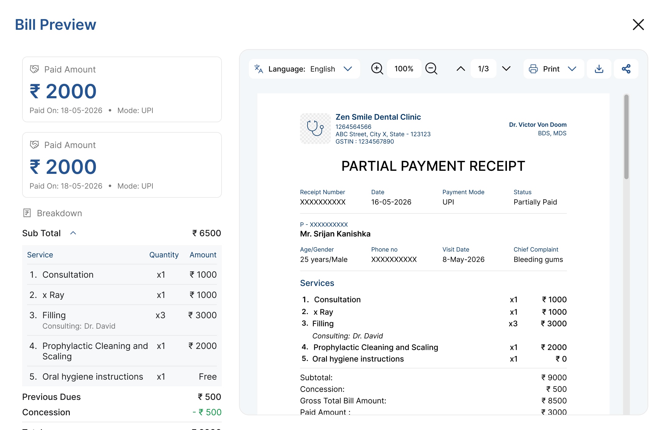 MedSnap billing — invoices, receipts and payment tracking