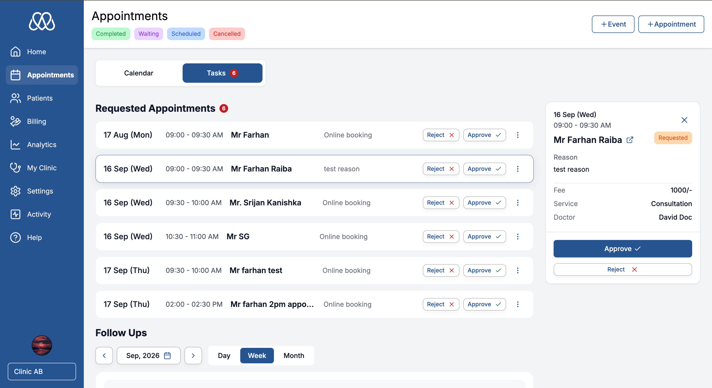 MedSnap clinic operations — appointments and online booking