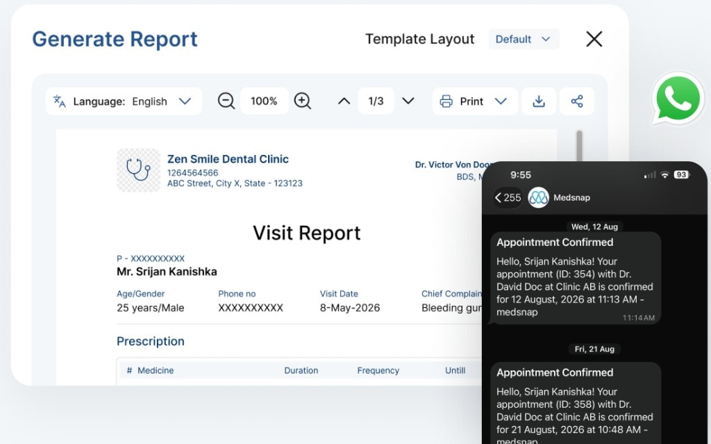 MedSnap patient communication — WhatsApp reminders and visit reports